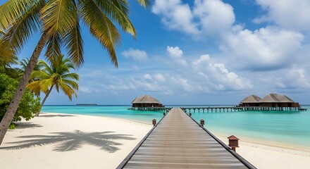 Wooden pier leading to overwater bungalows in a tropical paradise with white sand beach and palm trees