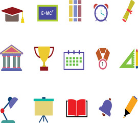 High-quality university-themed vector illustration set featuring academic symbols such as graduation caps, diplomas, textbooks, and university buildings. Perfect for educational projects, e-learning 