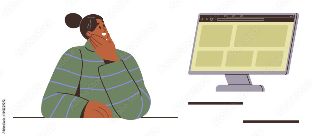 Poster contemplative individual sitting with hand on chin, gazing at a computer screen displaying a webpage
