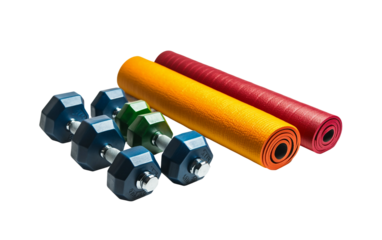 Set of colorful dumbbells arranged on gym floor for strength training and fitness exercise routines isolated on transparent background PNG