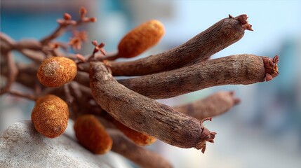 Close-up shot of unique brown fruit pods with textured surface and blurred background