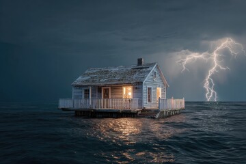 Isolated house on a stormy lake