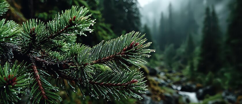 Fresh pine branches in a misty forest landscape