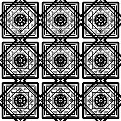 Symmetrical Tribal Tile Vector Background. Seamless Mandala Tile Design in Monochrome. Black and White Decorative Abstract Motif. Geometric Tribal Pattern in Black and White