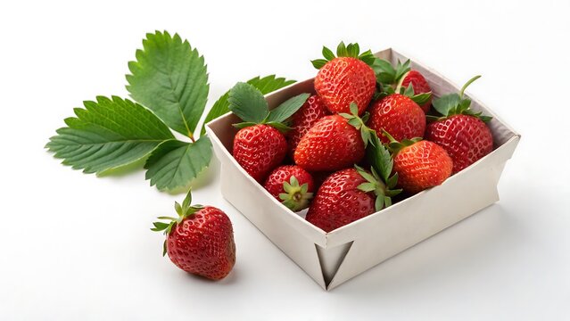 Basket of red strawberries, green leaves on white. Suitable for food packaging, summer web design, recipe book covers, fruit prints.