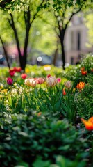 Obraz premium A garden with many flowers including pink and yellow tulips