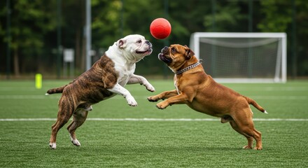 Athletic bulldogs jumping for a red ball on a vibrant green sports field
