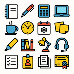 Office icons display various tools on clean background