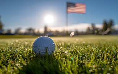 Golf ball resting on lush green grass with American flag waving in the background during sunrise