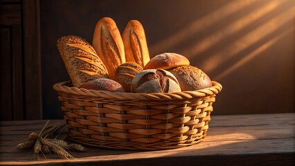 Wicker basket with assorted breads, warm light and gentle shadows. Great for bakery advertisements, food blogs, or culinary designs.