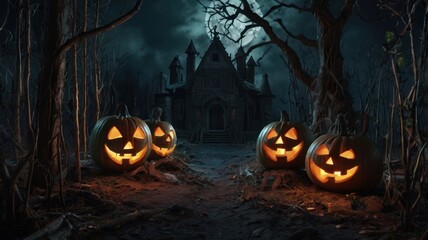 Spooky Halloween Night with Pumpkins and Haunted House