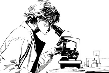 Art sketch of a woman scientist working with a microscope in a laboratory, hand drawn comic style black and white illustration