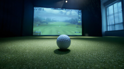 Golf ball ready for virtual golf session in modern simulator room with realistic course view