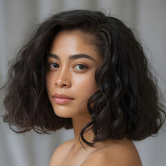 Naklejka premium Natural beauty portrait of a beautiful young woman with dark wavy hair and glowing skin. woman, beautiful, face, beauty, young, girl, hair, skin.