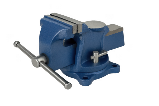 Blue bench vise with transparent background for easy isolation