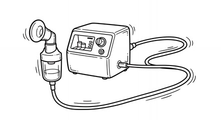 Detailed Black and White Line Art of Medical Nebulizer Machine and Mask with Hose on a Clean White Background for Healthcare Illustrations