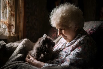 Elderly woman with cat by window
