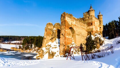 Ancient castle ruins, winter landscape