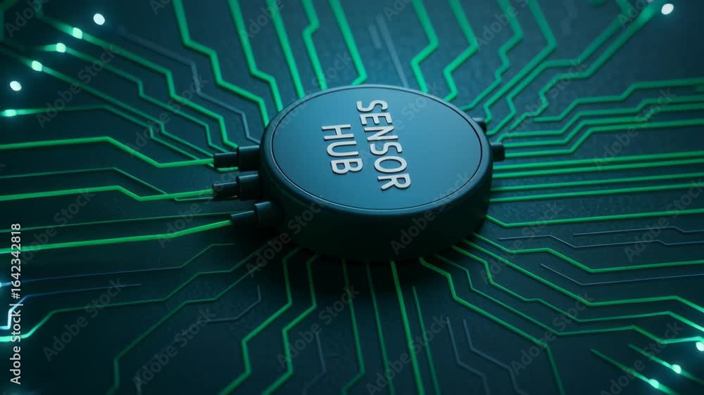 Poster sensor hub with green circuit lines dark board represents sustainable engineering work modern techno