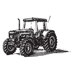 Side view sketch of vintage farm tractor in monochrome hand-drawn style