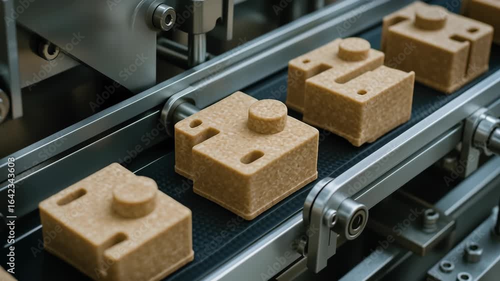 Poster sustainable engineering work creates eco friendly bioplastic block and molded parts with automated c