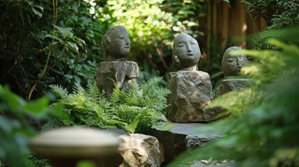 Obraz premium Three statues of people are sitting on a stone wall