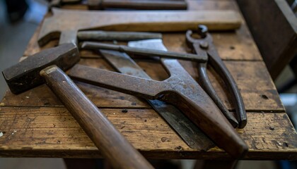 Old woodworking tools on a workbench