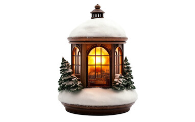 Rustic lantern dusted with fresh snow illuminating peaceful winter park scene with soft light isolated on transparent background PNG
