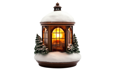 Rustic lantern dusted with fresh snow illuminating peaceful winter park scene with soft light isolated on transparent background PNG