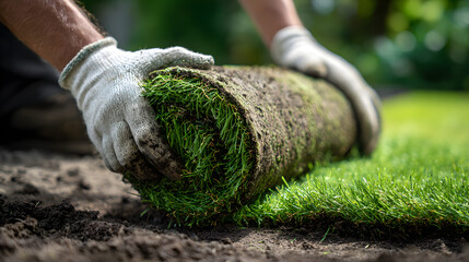 Hands in gloves rolling out fresh sod for a lush green lawn, creating a beautiful outdoor space ready to enjoy