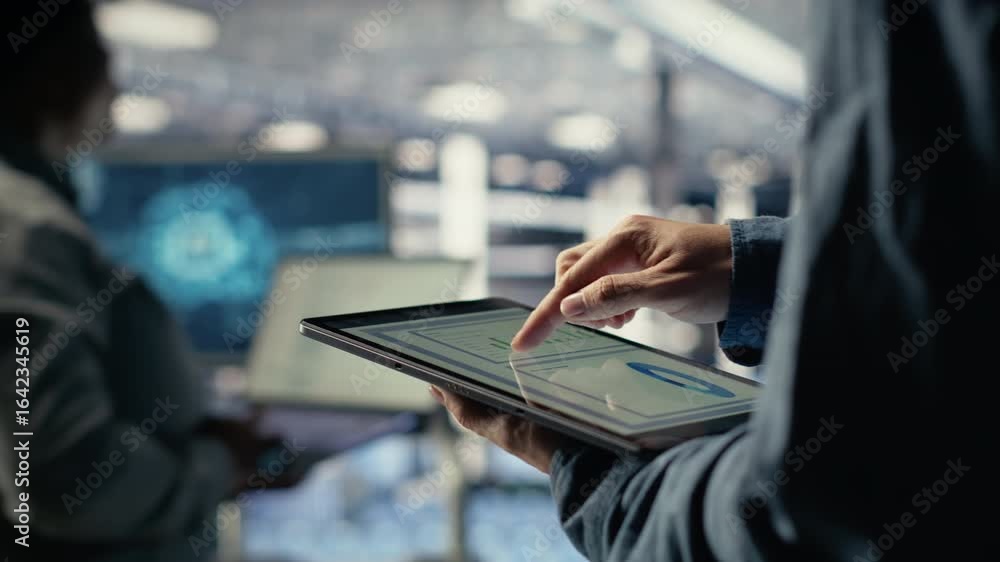 Poster server room employee checks data charts on tablet to monitor system health. system administrator rev