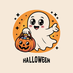  Cute Cartoon Ghost with Candy Bag Halloween Kids Illustration