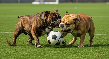Dynamic duo: bulldogs passionately playing soccer in a vibrant green field setting showing joyful