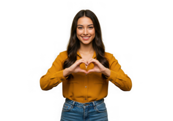 Young woman forms a heart shape with her hands on transparent background