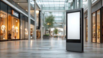 Modern digital display screen awaits your advertising message in a bustling, upscale shopping mall environment
