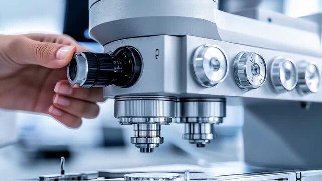 Close-up of a scientist adjusting a high-precision laboratory microscope for scientific research.