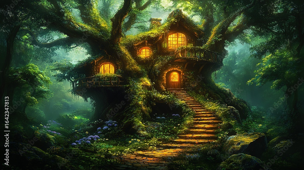 Poster treehouse with glowing windows in a lush green forest with stone steps.