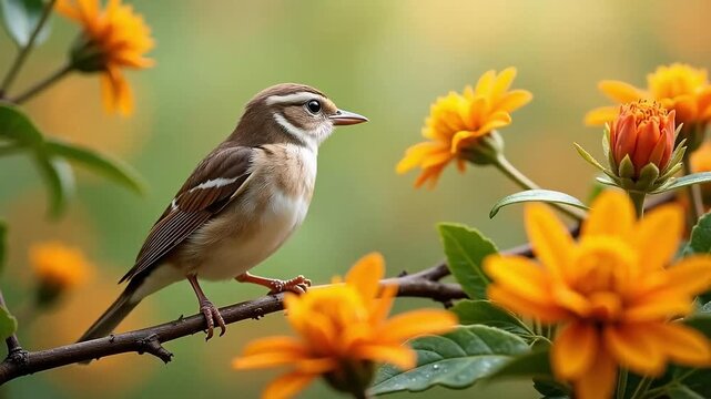 Beautiful Rufous-backed Sibia bird perched among vibrant orange flowers, nature's delicate balance