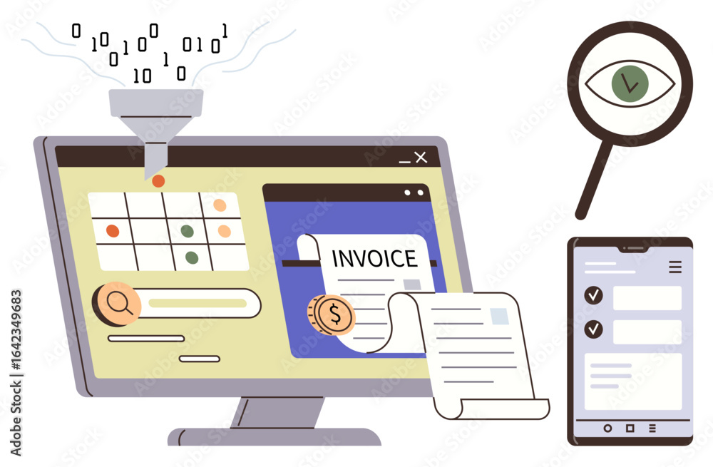 Aufkleber computer with data filtering and invoice on screen, magnifying glass for detail review, and checklis