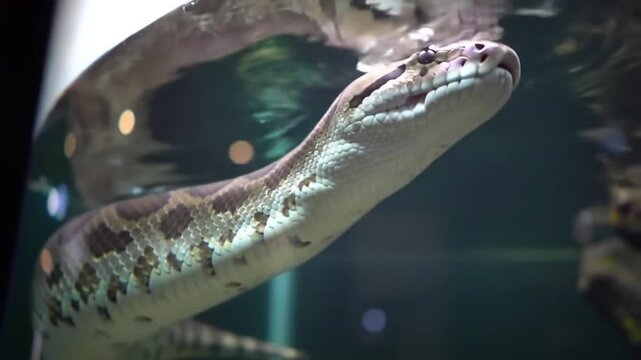 Brown Patterned Python Swimming in Aquarium with Reflection and Submerged View