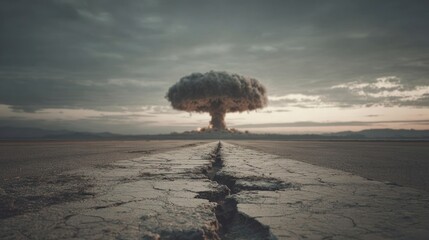Mushroom cloud over cracked landscape