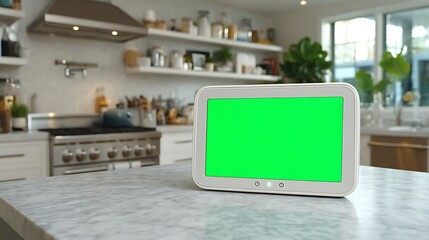 Modern kitchen smart device with green screen display on marble countertop, perfect for custom content creation and smart home integration.
