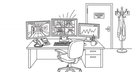 Minimalist Black and White Office Setup with Multiple Monitors Displaying Data Graphics a Desk and Chair in a Cleanly Illustrated Room