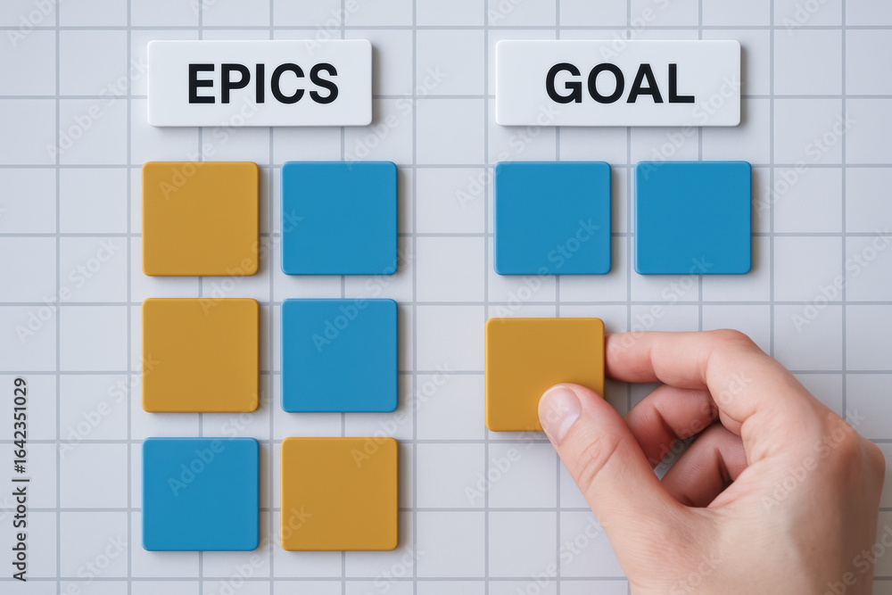 Poster agile planning method uses colored square pieces to organize epics and goal in structured setting fo