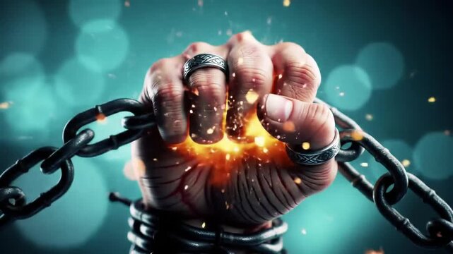 Clenched Fist Breaking Metal Chains In a Dramatic Lighting With Bokeh Background