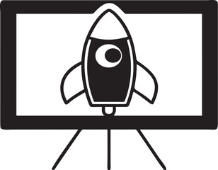 Rocket launch on a presentation screen icon symbolizing a business startup. A vector graphic for a project pitch, innovation strategy, and successful mission takeoff and development.