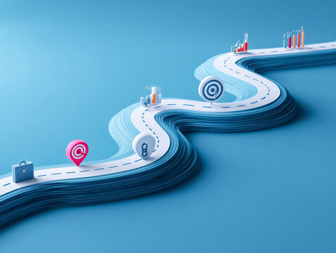 Business and career path concept with 3d rendering roadmap, target and location pin.