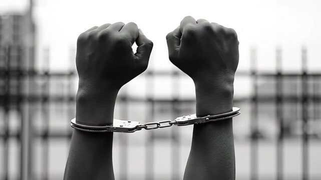 Close Up of a Dark Skinned Hands in Silver Handcuffs Against a Blurred Background