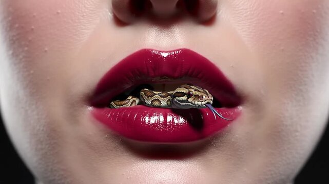 Close Up Of a Woman's Red Lips with a Small Patterned Snake in Her Mouth on Dark Background