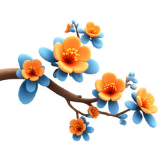 Stylized Floral Branch Illustration with Orange Blossoms and Blue Leaves on Black